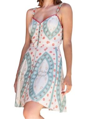 Antix Brazilian Brand Floral Scalloped Mini Dress | Cream Teal Red | Size P (XS)